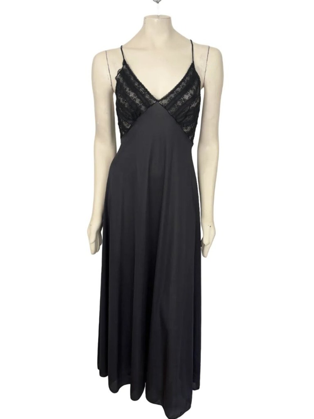 VTG 70's LILY OF FRANCE Black Satin Lace Maxi Slip Dress Nightgown SZ M
